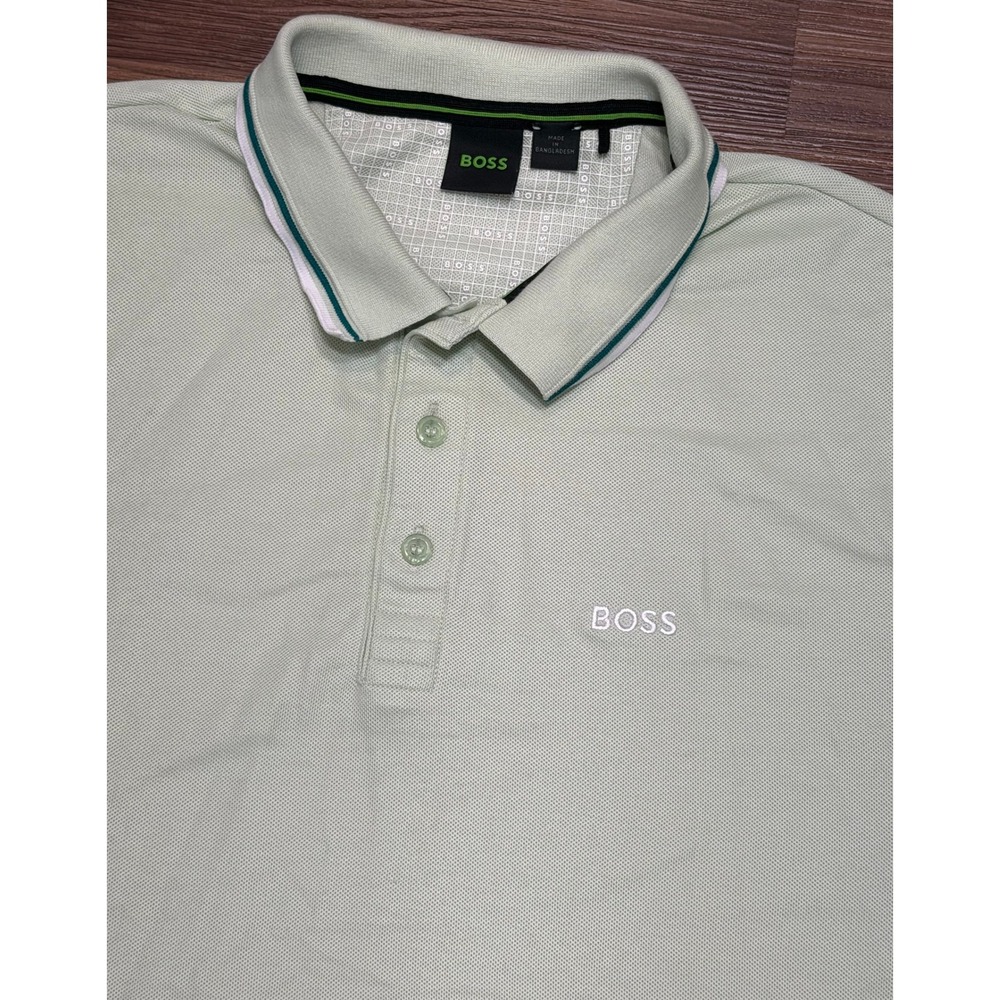 Hugo Boss Mens Paddy Polo Shirt Light Green Pique SS Tipped Collar Sz L